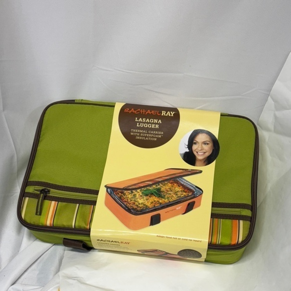 Rachael Ray super foam Olive Green brown striped Lasagna lugger thermal carrier